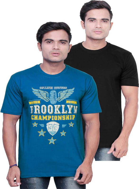 Fashionable Printed Men Round Neck Black, Blue T-Shirt(Pack of 2)