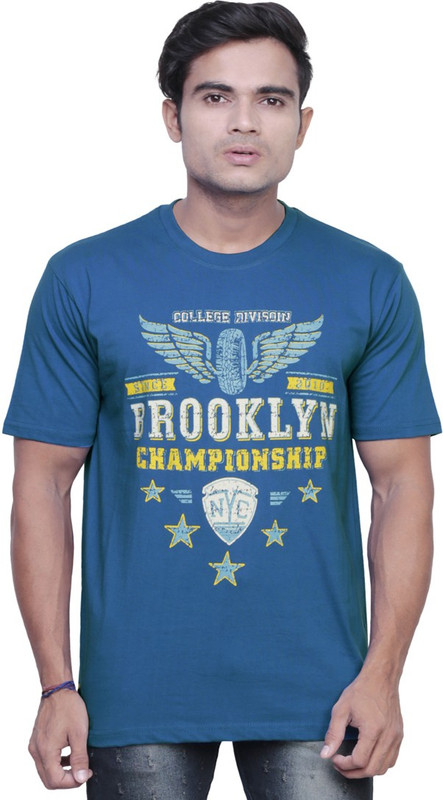 Fashionable Printed Men Round Neck Blue T-Shirt
