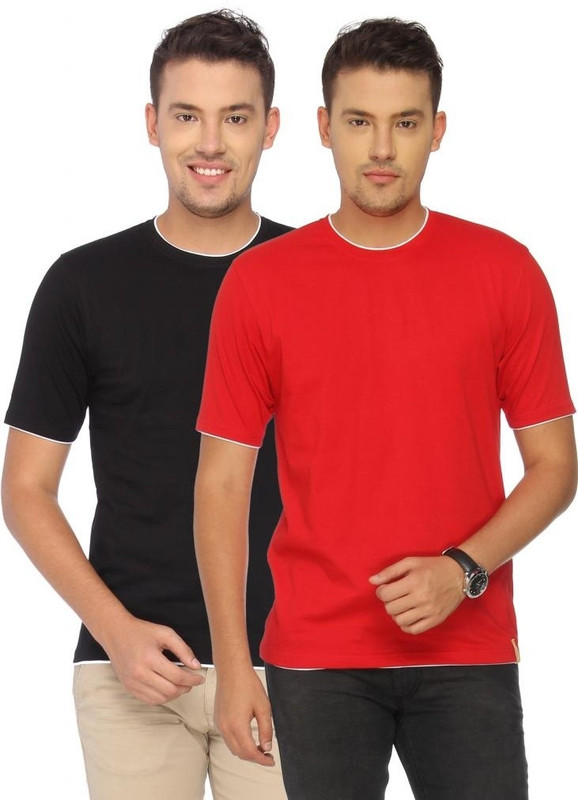 Campus Sutra Solid Men Round or Crew Black, Red T-Shirt(Pack of 2)