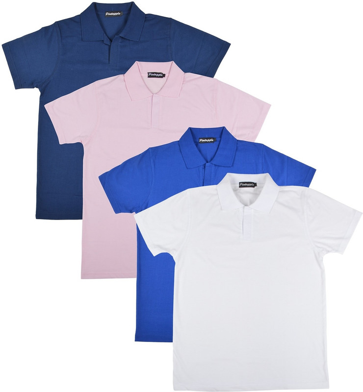 Pintapple Solid Men Polo Neck White, Blue, Pink, Dark Blue T-Shirt(Pack of 4)