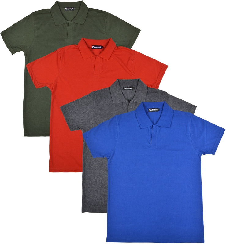 Pintapple Solid Men Polo Neck Blue, Grey, Red, Dark Green T-Shirt(Pack of 4)