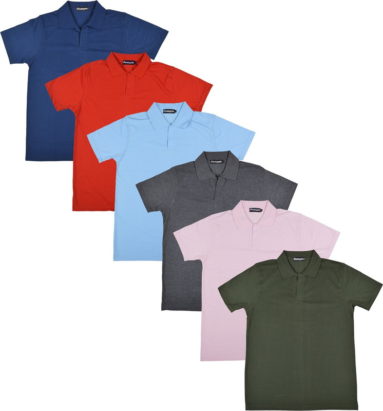 Pintapple Solid Men Polo Neck Pink, Grey, Light Blue, Red, Dark Blue, Dark Green T-Shirt(Pack of 6)
