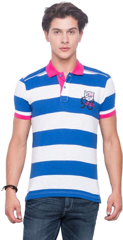 Mufti Striped Men Polo Neck Blue T-Shirt