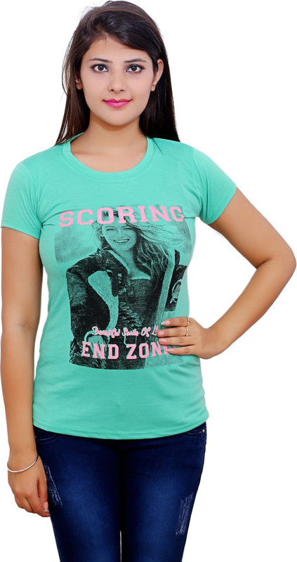 Zaara Printed Women Round Neck Green T-Shirt