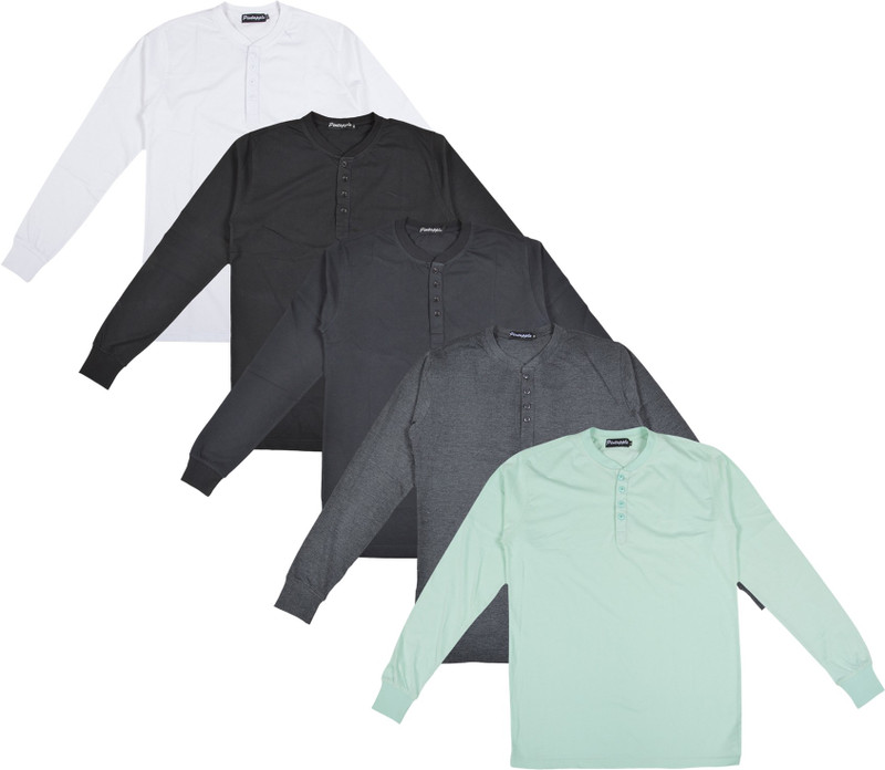 Pintapple Solid Men Henley Light Green, Grey, Black, Black, White T-Shirt(Pack of 5)