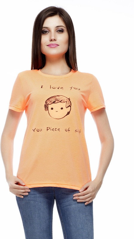Fugazee Lifestyle Printed Women Round Neck Orange T-Shirt