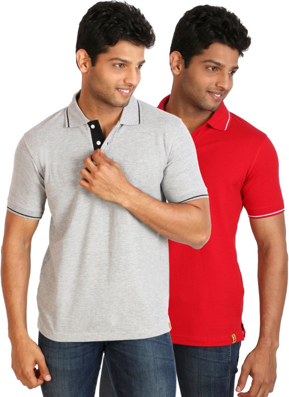 Campus Sutra Solid Men Polo Neck Grey, Red T-Shirt(Pack of 2)