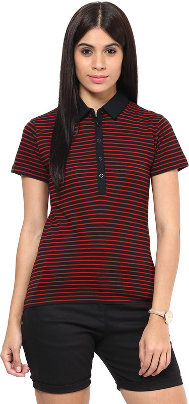 Hypernation Striped Women High Neck Black, Red T-Shirt