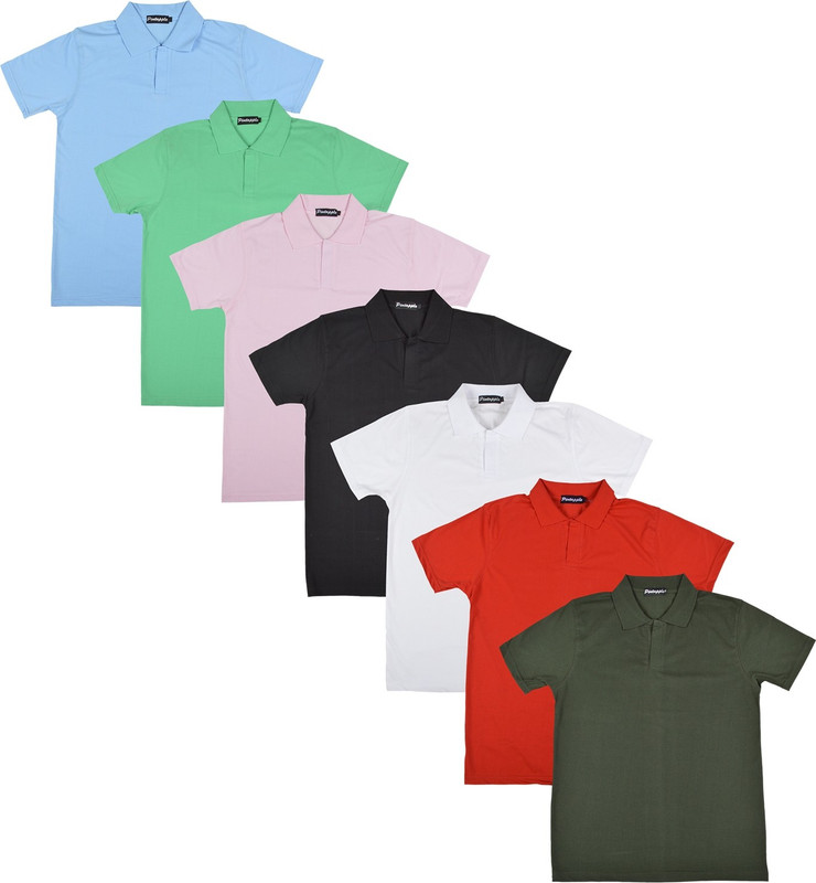 Pintapple Solid Men Polo Neck White, Black, Pink, Light Green, Light Blue, Red, Dark Green T-Shirt(Pack of 7)