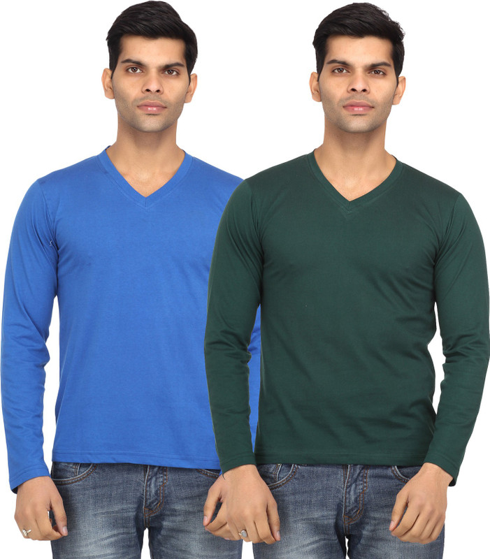 Leana Solid Men Round Neck Blue, Green T-Shirt(Pack of 2)