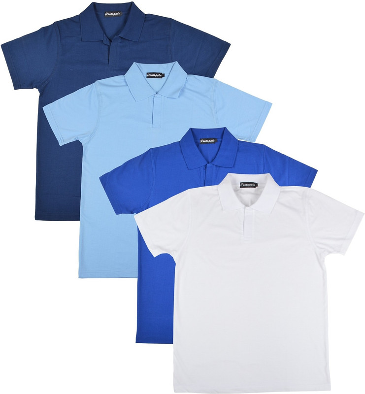 Pintapple Solid Men Polo Neck White, Blue, Light Blue, Dark Blue T-Shirt(Pack of 4)