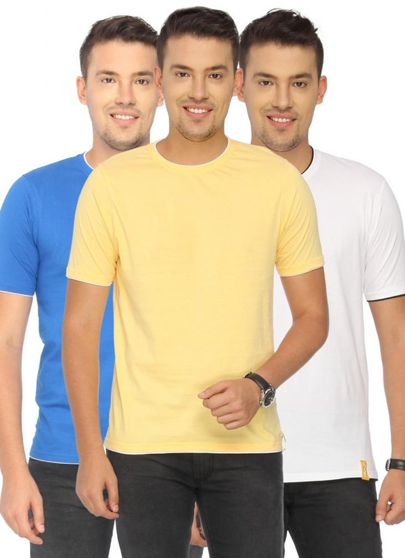 Campus Sutra Solid Men Round or Crew White, Yellow, Blue T-Shirt(Pack of 3)