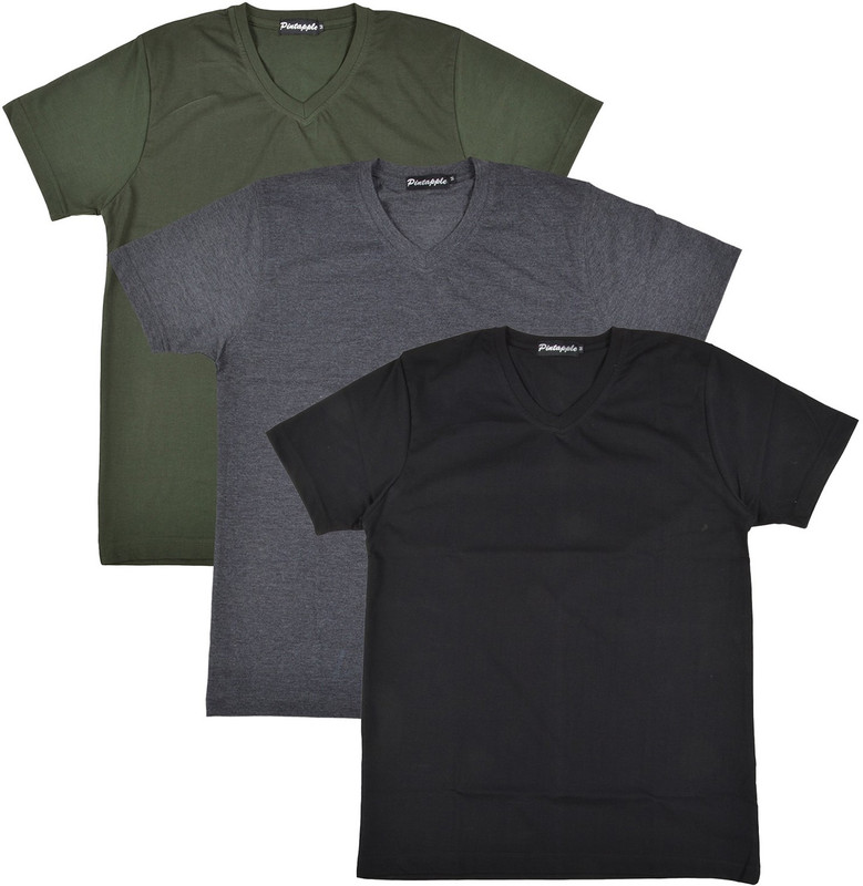 Pintapple Solid Men V-neck Black, Grey, Dark Green T-Shirt(Pack of 3)