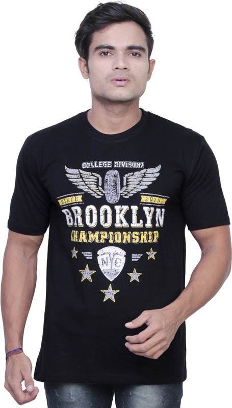 Fashionable Printed Men Round Neck Black T-Shirt