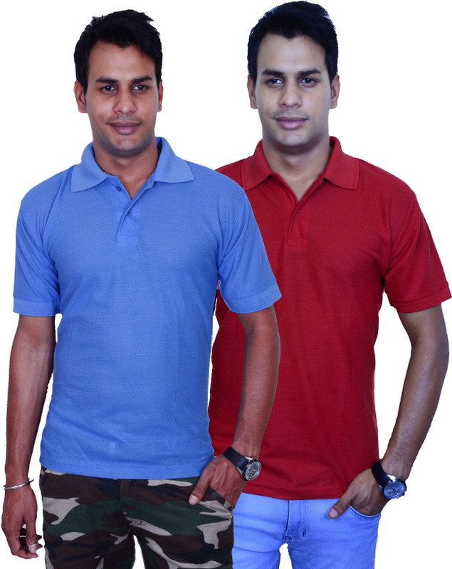 Blaze Solid Men Polo Neck Blue, Maroon T-Shirt(Pack of 2)