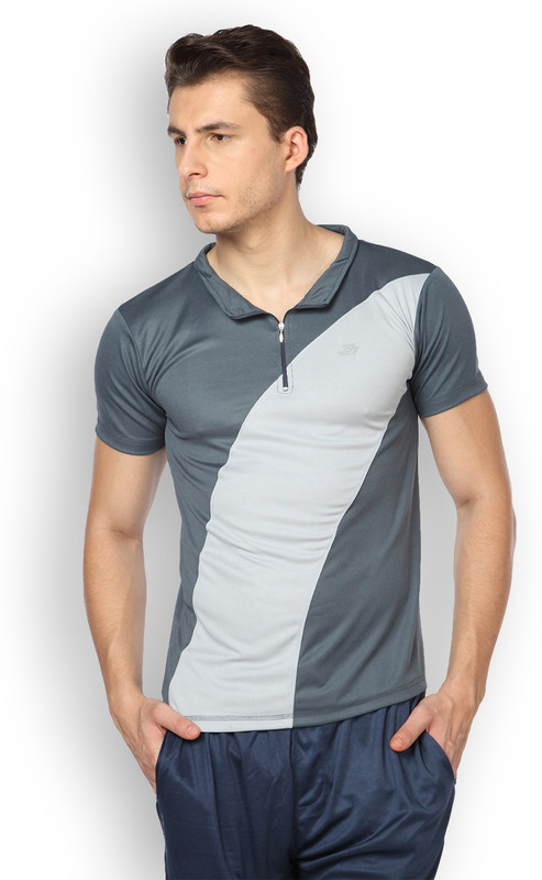 DIFFERENCE OF OPINION Solid Men Mandarin Collar Grey T-Shirt