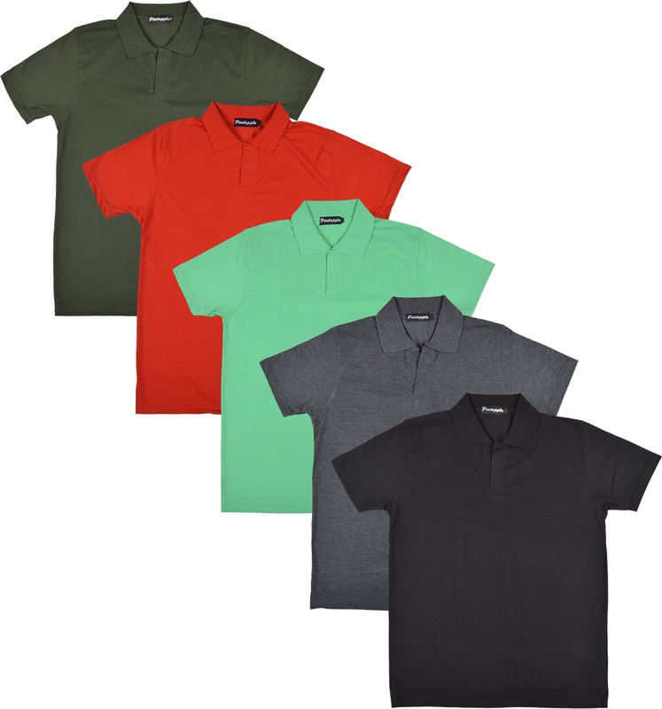 Pintapple Solid Men Polo Neck Black, Grey, Light Green, Red, Dark Green T-Shirt(Pack of 5)
