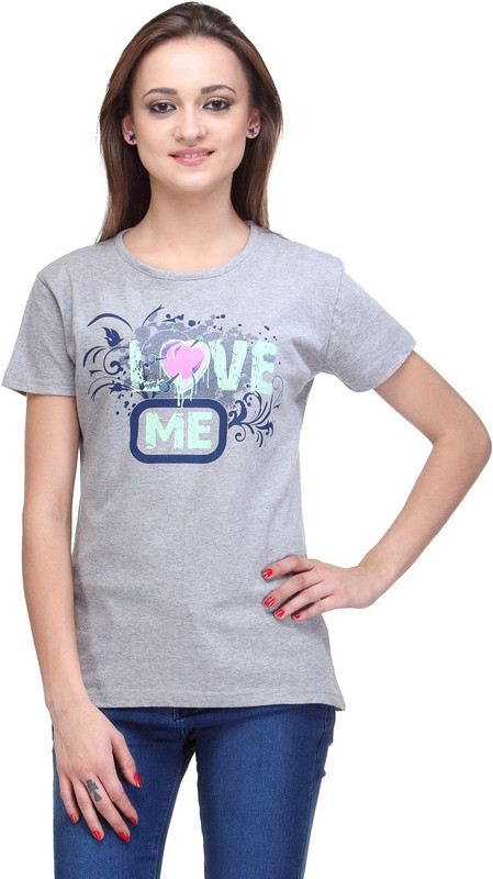 Stilestreet Printed Women Round Neck Grey T-Shirt
