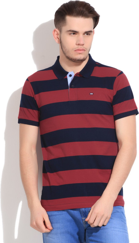 Arrow Sports Striped Men Polo Neck Blue, Maroon T-Shirt