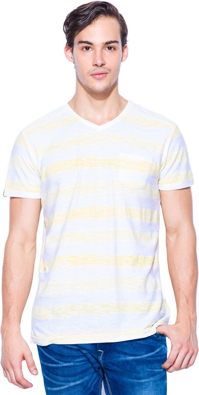 Mufti Striped Men V-neck Yellow, White T-Shirt