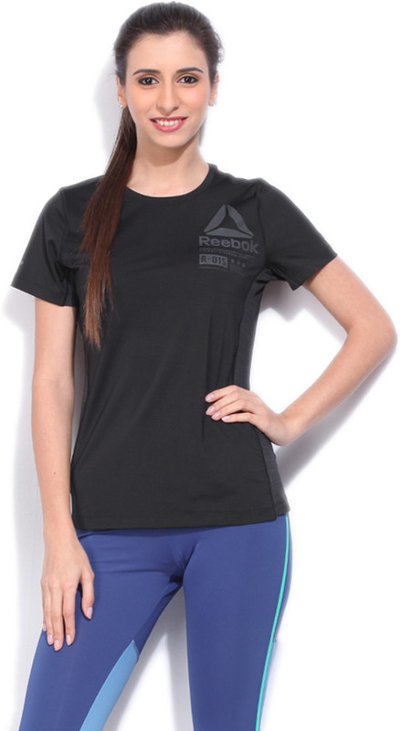 REEBOK Solid Women Round Neck Black T-Shirt