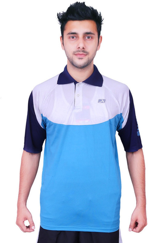 Vector X Solid Men Polo Neck Blue, White T-Shirt