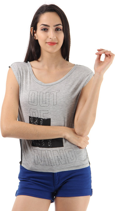 Only Printed Women Round Neck Black, Grey T-Shirt