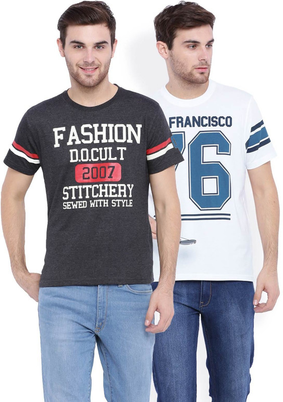 DIFFERENCE OF OPINION Printed Men Round Neck White, Grey T-Shirt(Pack of 2)