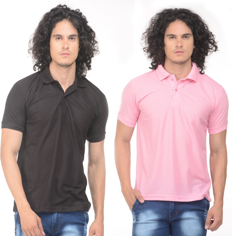 Gold Axe Solid Men Polo Neck Black, Pink T-Shirt(Pack of 2)
