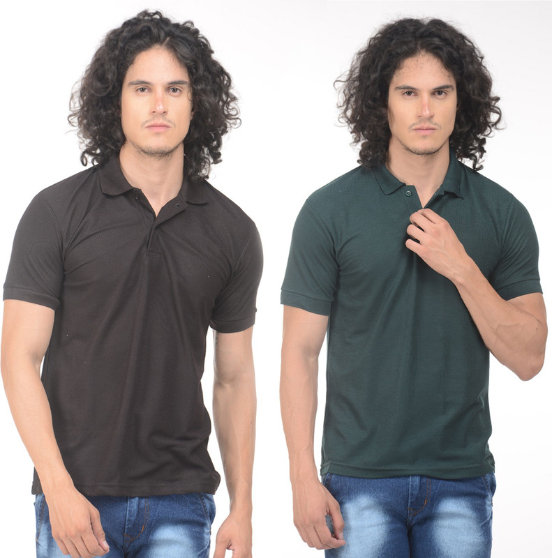 Gold Axe Solid Men Polo Neck Black, Green T-Shirt(Pack of 2) Gold Axe Solid Men Polo Neck Black, Green T-Shirt(Pack of 2)