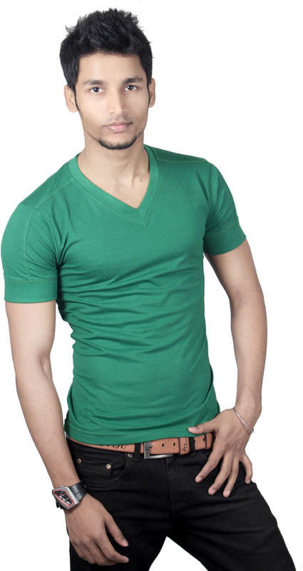 Spur Solid Men V-neck Dark Green T-Shirt