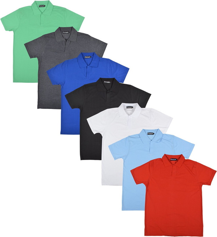 Pintapple Solid Men Polo Neck White, Black, Blue, Grey, Light Green, Light Blue, Red T-Shirt(Pack of 7)