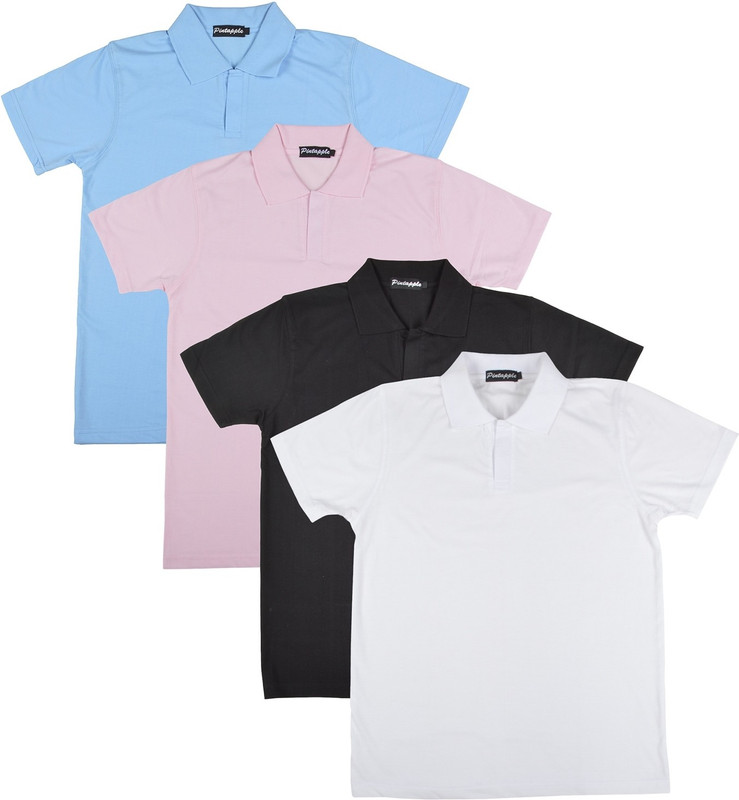 Pintapple Solid Men Polo Neck White, Black, Pink, Light Blue T-Shirt(Pack of 4)