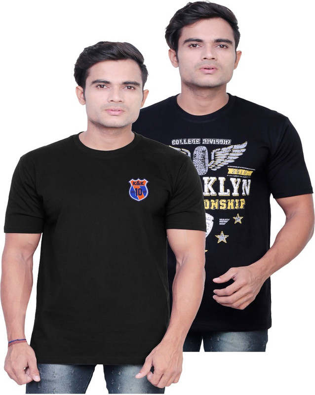 Fashionable Printed Men Round Neck Black, Black T-Shirt(Pack of 2)