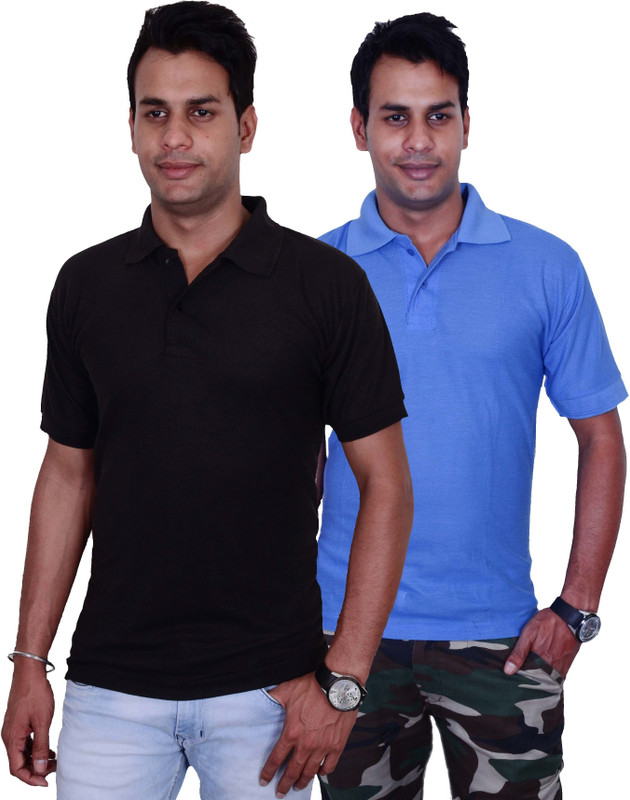 Blaze Solid Men Polo Neck Black, Blue T-Shirt(Pack of 2)