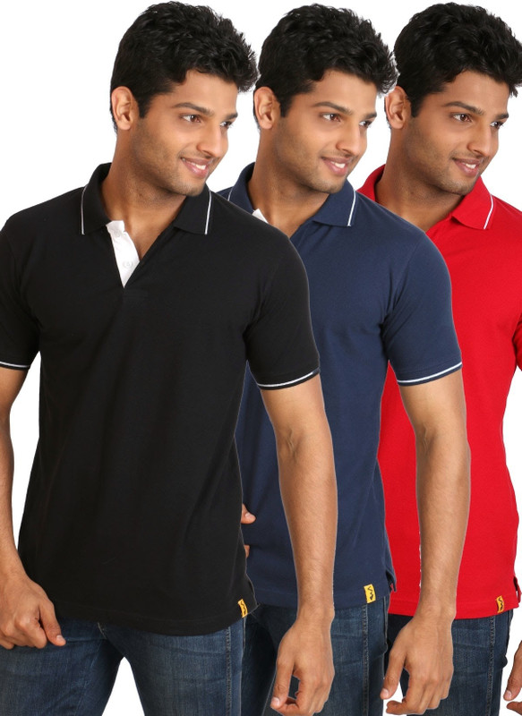 Campus Sutra Solid Men Polo Neck Black, Blue, Red T-Shirt(Pack of 3)