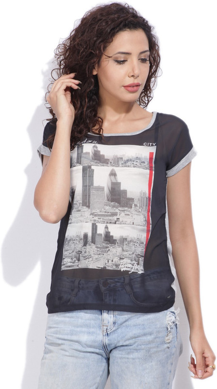 Pepe Jeans Printed Women Round Neck Black, Grey T-Shirt