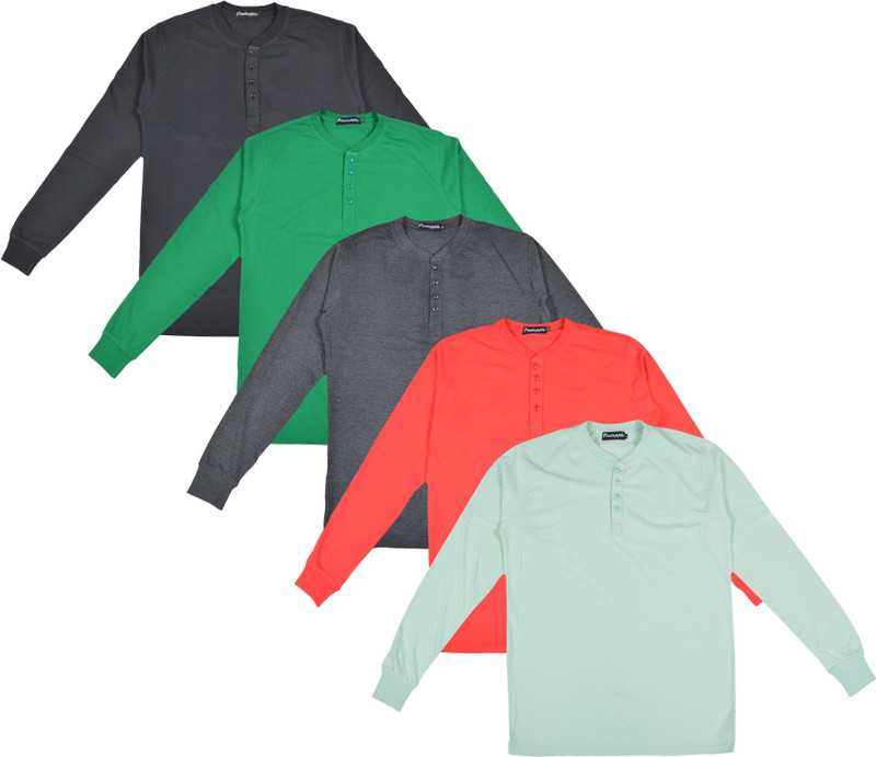 Pintapple Solid Men Henley Light Green, Red, Grey, Green, Black T-Shirt(Pack of 5)