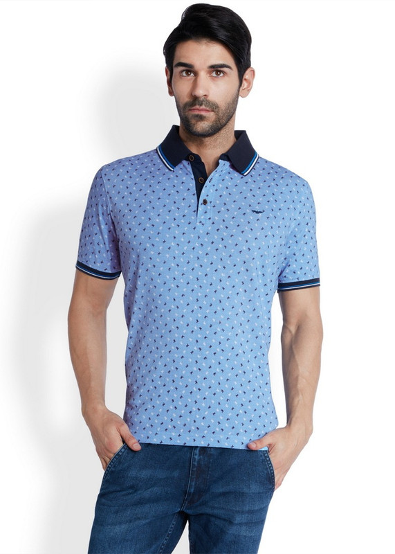 Park Avenue Printed Men Flap Collar Neck Blue T-Shirt
