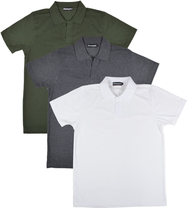 Pintapple Solid Men Polo Neck White, Grey, Dark Green T-Shirt(Pack of 3)