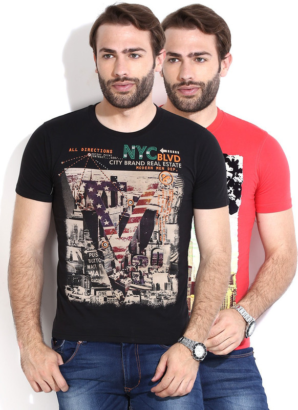 Fort Collins Printed Men Round Neck Black, Red T-Shirt(Pack of 2)
