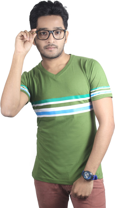 Spur Striped Men V-neck Green T-Shirt