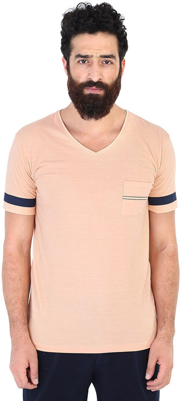 Mr Button Solid Men V-neck Orange T-Shirt