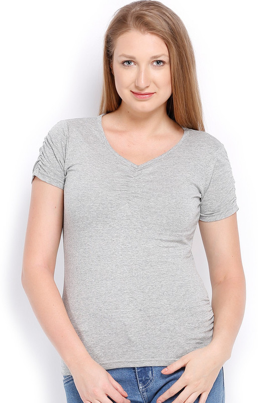 Espresso Solid Women V-neck Grey T-Shirt