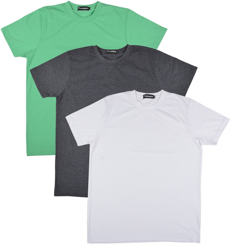 Pintapple Solid Men Round Neck White, Grey, Light Green T-Shirt(Pack of 3)