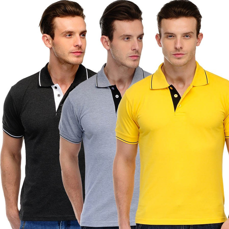 Scott International Solid Men Polo Neck Black, Yellow, Grey T-Shirt(Pack of 3)