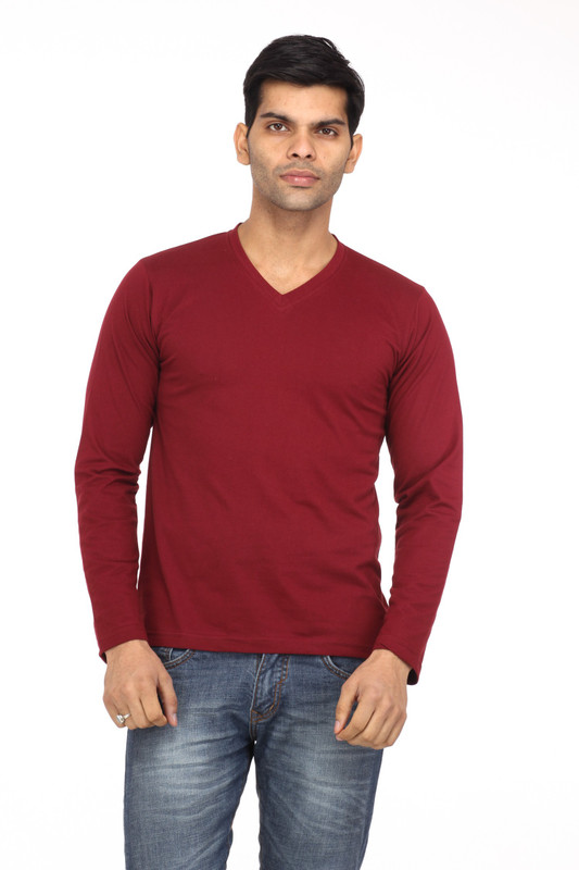 Leana Solid Men V-Neck Maroon T-Shirt
