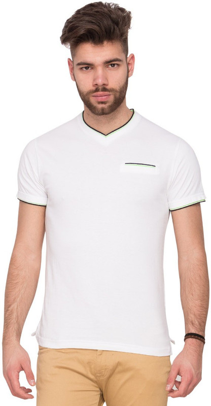Mufti Solid Men V-neck White T-Shirt
