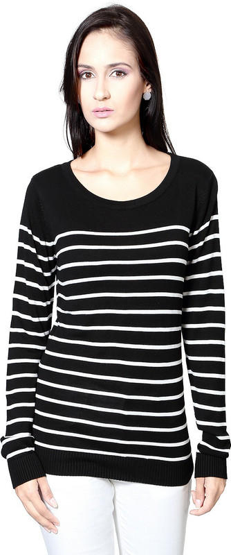 Annabelle by Pantaloons Striped Women Round Neck Black T-Shirt