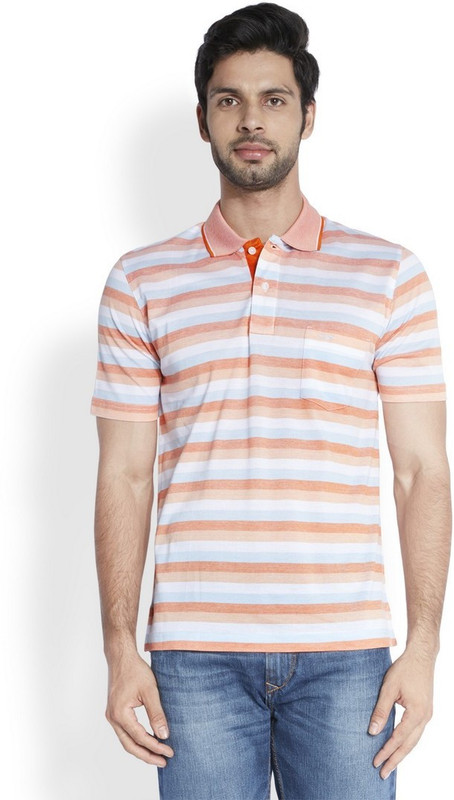 ColorPlus Striped Men Polo Neck Orange T-Shirt